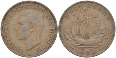 Великобритания 1/2 пенни 1950 Георг VI (1936-1952) KM 868, Spink 4118 бронза 91-543