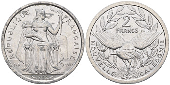 Французская Новая Каледония 2 франка 1982 птица кагу, (IEOM) KM 14, Schoen 11, Lec 62 алюминий    08-846
