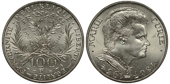 Франция 100 франков 1984 50 лет со дня смерти Марии Кюри KM 955 серебро UNC 413-2942