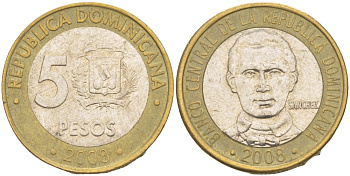Доминиканская республика 5 песо 2008 Санчес KM 89 биметалл 4541-1126