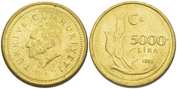 Турция 5000 лир 1995 Мустафа Кемаль Ататюрк KM 1029.1 латунь 179-724