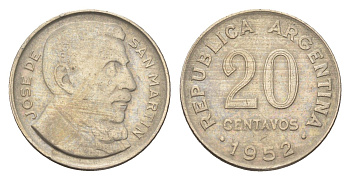 Аргентина 20 сентаво 1952 генерал Хосе де Сан Мартин KM 48 медно-никель 4664-157