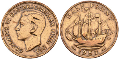Великобритания 1/2 пенни 1952 Георг VI (1936-1952) KM 868, Spink 4118 бронза    4153-325