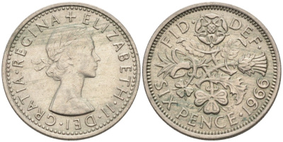 Великобритания 6 пенсов 1966 Елизавета II (1952-2022) KM 903, Spink 4149 медно-никель 4561-1055