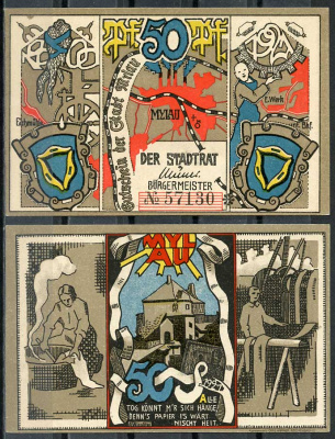 Германия, Милау 50 пфеннигов 1921 нотгельд, городские виды Grabowski 921.1 бумага UNC (пресс) 444-66-2-1