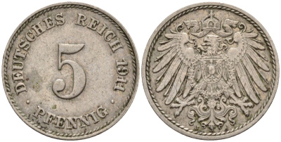 Германия 5 пфеннигов 1911 J KM 11, Jager 12, Weege 6 медно-никель 4151-528