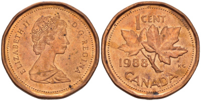 КАНАДА 1 ЦЕНТ 1988 КЛЕНОВЫЙ ЛИСТ, ЕЛИЗАВЕТА II KM 132 бронза 54-127