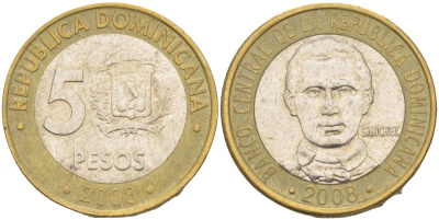 Доминиканская республика 5 песо 2008 Санчес KM 89 биметалл 4541-1126