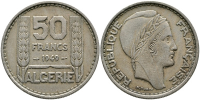 Алжир, Французский 50 франков 1949 KM 92 медно-никель 4536-321