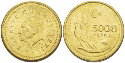 Турция 5000 лир 1995 Мустафа Кемаль Ататюрк KM 1029.1 латунь 179-724