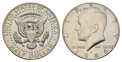 США 1/2 доллара (50 центов) 1986 P, Джон Кеннеди KM A202b медь плакированная медно-никелем UNC 4672-631