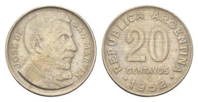 Аргентина 20 сентаво 1952 генерал Хосе де Сан Мартин KM 48 медно-никель 4664-157