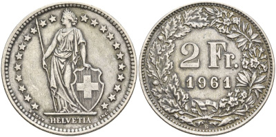Швейцария 2 франка 1961 KM 21 серебро 4607-542