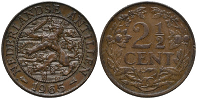 Нидерландские Антилы 2 1/2 цента 1965 Юлиана (1948-1980) KM 5 бронза 4579-911