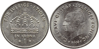 Швеция 1 крона 2005 Карл XVI Густав (1973- ) KM 894 медно-никель 93-921