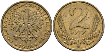 Польша 2 злотых 1976 Ленинградский монетный двор (ЛМД) KM 80.1, Parchimowicz 217b латунь 4580-732