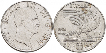 ИТАЛИЯ 50 ЧЕНТЕЗИМО 1940 R, ВИКТОР ИМАНУИЛ, XVIII ГОД KM 76b сталь 77-847