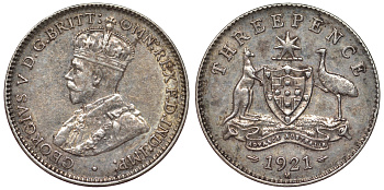 Австралия 3 пенса 1921 M, Георг V (1910-1936), герб Австралии KM 24 серебро 71-119