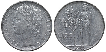 Италия 100 лир 1965 R, Афина в доспехах KM 96.1 нержавеющая сталь 4123-1231