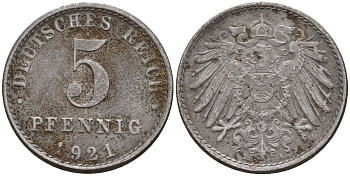 Германия 5 пфеннигов 1921 A KM 19, J. 297 железо 4151-641