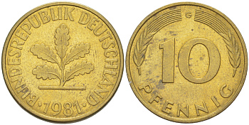 ФРГ 10 ПФЕННИГОВ 1981 G KM 108, J. 383 сталь плакированная латунью 4182-925
