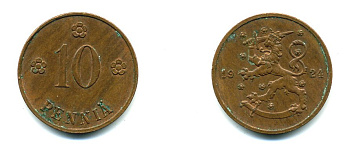 Финляндия 10 пенни 1924 республика (1918-1962) KM 24 медь 46-1211