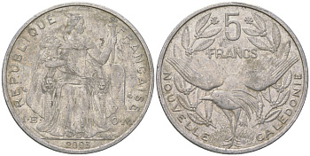 Французская Новая Каледония 5 франков 2003 птица кагу, (IEOM) KM 16, Schoen 12, Lec 81h алюминий 189-1132