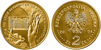 Польша 2 злотых 2004 MW, 100 лет Академии изящных искусств KM 509 нордик UNC 4676-151