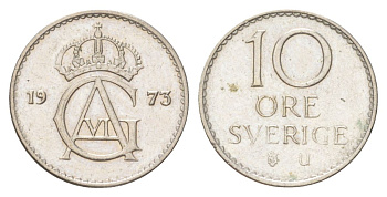 Швеция 10 эре 1973 U, Густав VI Адольф (1950-1973) KM 835 медно-никель aUNC 4627-853