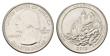 США 25 центов (квотер, 1/4 доллара) 2012 D, Квотеры «Парки США» - Национальный парк Акадия KM 521 медь плакированный медно-никелем UNC 4629-231