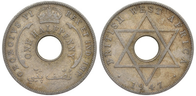 Британская Западная Африка 1/2 пенни 1947 H, Георг VI KM 18 медно-никель 25-1517