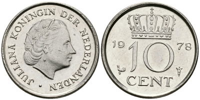 Нидерланды 10 центов 1978 Юлиана (1948-1980) КМ 182 никель 96-517