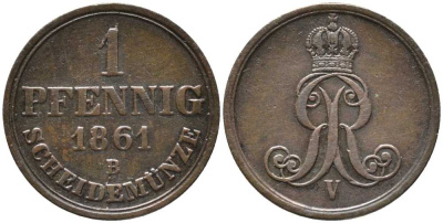 ГАННОВЕР 1 ПФЕННИГ 1861 В, ГЕОРГ V (1851-1866) KM 233 медь 4448-1032