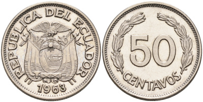 Эквадор 50 сентаво 1963 первый год KM 81 сталь плакированная никелем  UNC 4595-646