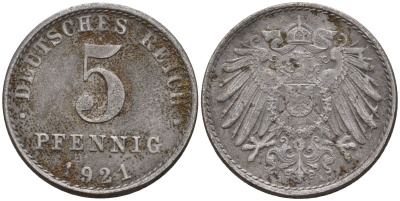 Германия 5 пфеннигов 1921 A KM 19, J. 297 железо 4151-641