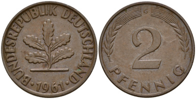 ФРГ 2 пфеннига 1961 G J.381  KM 106 бронза  4598-723