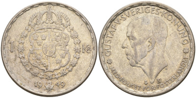Швеция 1 крона 1949 TS, Густав VI Адольф (1950-1973) KM 814 серебро 4148-1113