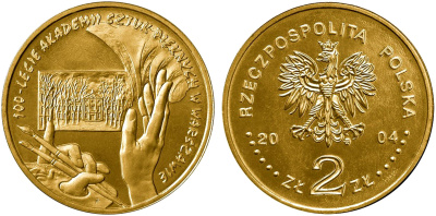 Польша 2 злотых 2004 MW, 100 лет Академии изящных искусств KM 509 нордик UNC 4676-151
