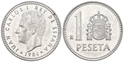 Испания 1 песета 1986 M, Хуан Карлос I (1975-2014) KM 821 алюминий 85-641