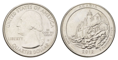США 25 центов (квотер, 1/4 доллара) 2012 D, Квотеры «Парки США» - Национальный парк Акадия KM 521 медь плакированный медно-никелем UNC 4629-231