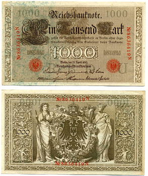 Германия 1000 Марок 1910 21 апреля 1910, Буква U, номер семизначный, серия N, Выпуск (10.1922) Pick 44b, Розенберг 45с бумага 8618-24-1-2