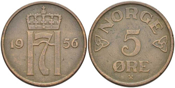 НОРВЕГИЯ 5 ЭРЕ 1956 ХАКОН VII (1905-1957) KM 400 бронза 215-132