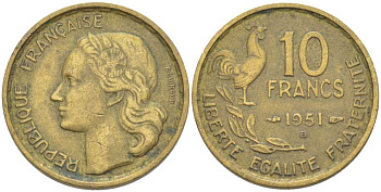 Франция 10 франков 1951 B, петух KM 915.2, Le Franc 363.5 алюминиевая бронза 175-636