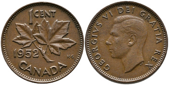 Канада 1 цент 1952 Георг VI (1937-1952), кленовый лист KM 41 бронза 08-1315