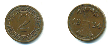 ГЕРМАНИЯ 2 РЕЙХСПФЕННИГА 1924 Е KM 38, J. 314 бронза 4381-447