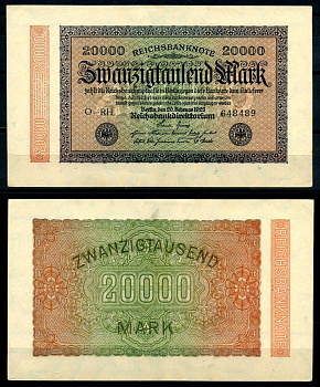 Германия 20000 марок 1923 20 февраля 1923, в/з №47, номер шестизначный Pick 85, Розенберг 84е бумага 8617-31-2-2