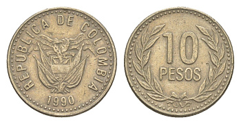 Колумбия 10 песо 1990 KM 281 медь цинк никель 4613-231