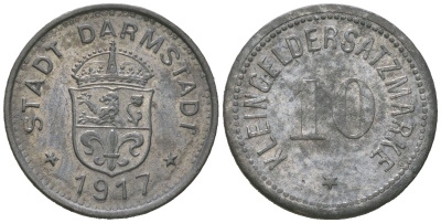 Дармштадт 10 пфеннигов 1917 Funck 88.1A, Men05 4934.1, Men18 6167.1 цинк 176-863