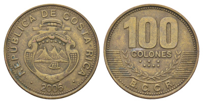 Коста-Рика 100 колонов 2006 KM 240a сталь плакированная латунью 4661-1125