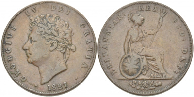 Великобритания 1/2 пенни 1827 Георг IV (1820-1830) KM 692, Spink 3824 медь 1515-2212